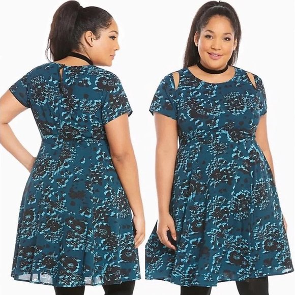 torrid Dresses & Skirts - Torrid Teal Blue Floral Georgette Cutout Shoulder Cute Skater Dress Plus Size 26